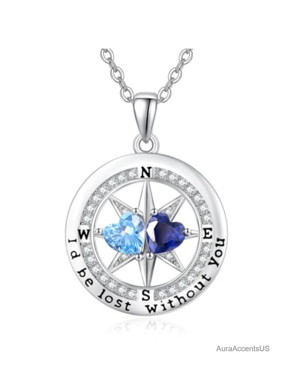 White Gold Plated Compass Birthstone Pendant Necklace 18+2" Lobster Clasp